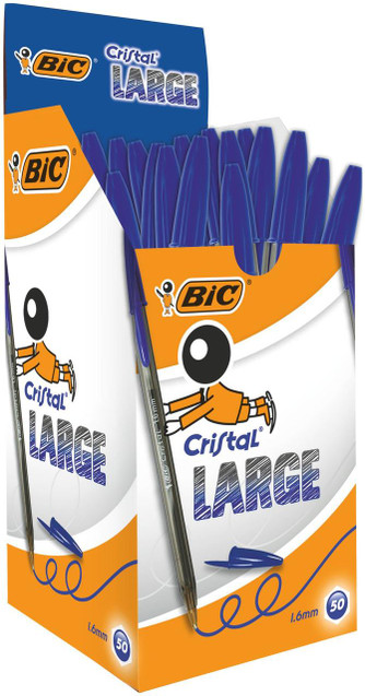 CW Office BIC Cristal Blue Large Ballpoint Pen Pack of 50, featuring a box containing 50 blue pens with a sleek design and easy-glide ink, ideal for everyday writing tasks.
