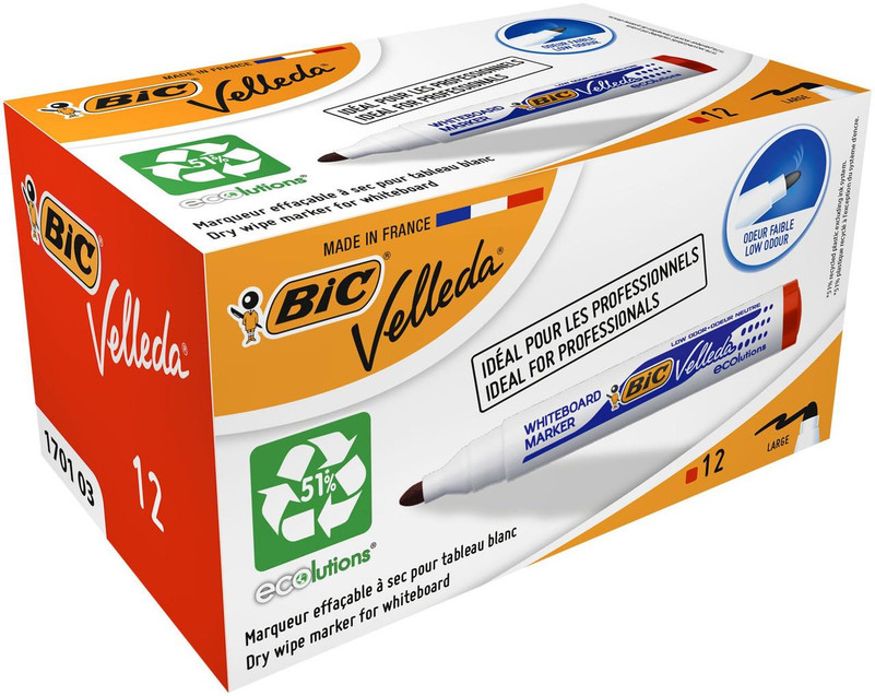 CW Office BIC Velleda 1701 Whiteboard Marker Bullet Tip 1.5mm Line Red Pack of 12, a box of whiteboard markers with red ink and bullet tips suitable for professional use.