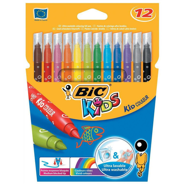 BIC Kids Felt Tip Colouring Pens Assorted Pack of 12, featuring multiple colored pens in transparent caps and colorful packaging with branding and product information.
