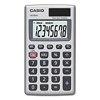 CW Office Casio HS-8VA 8 Digit Pocket Calculator Silver, displaying a large digital LCD screen and black keypad with white and gray buttons.
