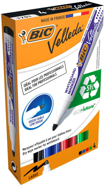 Product CW Office BIC Velleda 1701 Whiteboard Marker Bullet Tip 1.5mm Line Assorted Pack of 4, showing a set of colorful whiteboard markers with bullet tips for professional use.