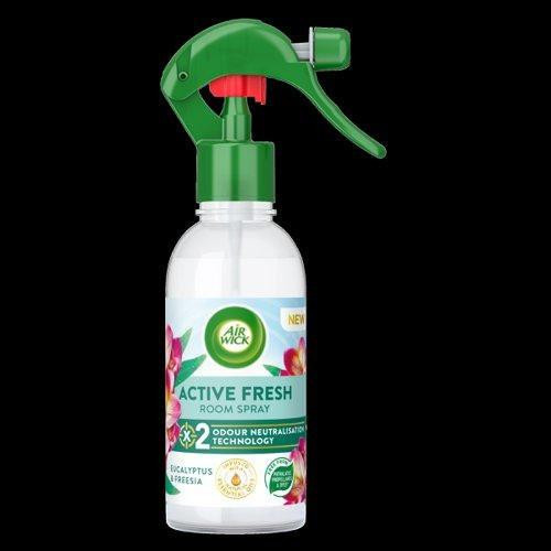 CW Office Air Wick Active Fresh Room Spray Eucalyptus & Freesia 237ml, a white spray bottle with green nozzle and colorful floral label.