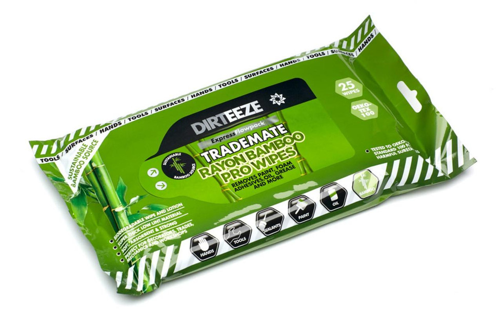 CW Office Dirteeze Trademate Bamboo Rayon Pro Wipes 25S, image of green and black packaging of bamboo rayon wipes with product information and icons indicating uses for hands, tools, sealants, paint, and oil.