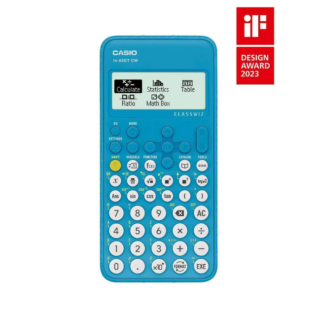 CW Office Casio FX-83GTCW+ Scientific Calculator Blue, a compact blue scientific calculator featuring various function keys and a digital display, awarded the iF Design Award 2023.