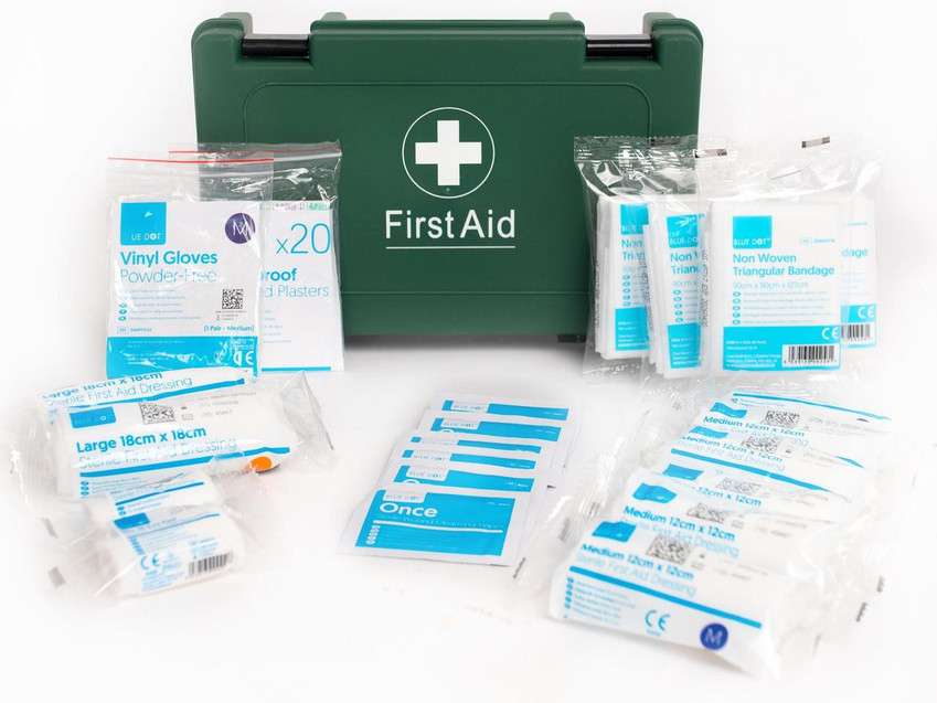 CW Office Blue Dot HSE Standard 1-10 Person First-Aid Kit Complete, green medical emergency first aid kit with various medical supplies including bandages and gloves.