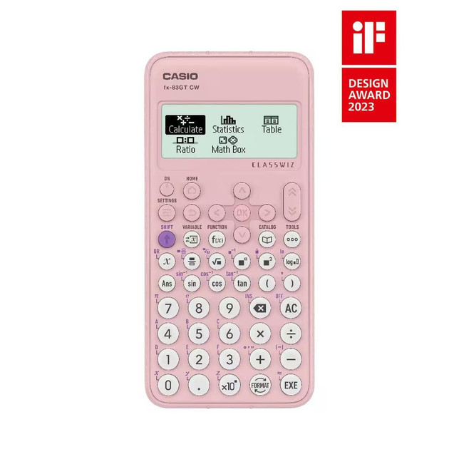 Product CW Office Casio FX-83GTCW+ Scientific Calculator Pink, pink scientific calculator with LCD display and multiple functions for math and scientific calculations.
