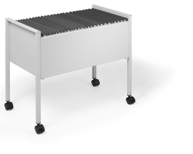 CW Office Durable ECONOMY File Trolley 80 Grey, modern white and grey rolling file trolley with slatted top and wheels for office storage.