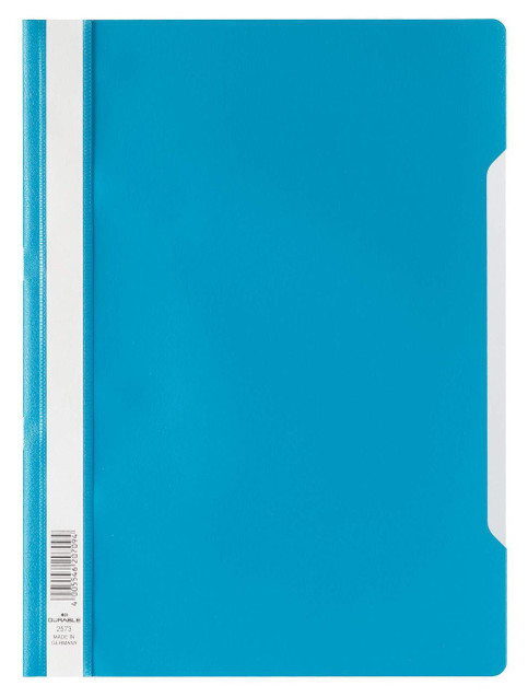 CW Office Durable Clear View A4 Folder Blue, blue transparent plastic folder with a white label and tab for organizing documents.