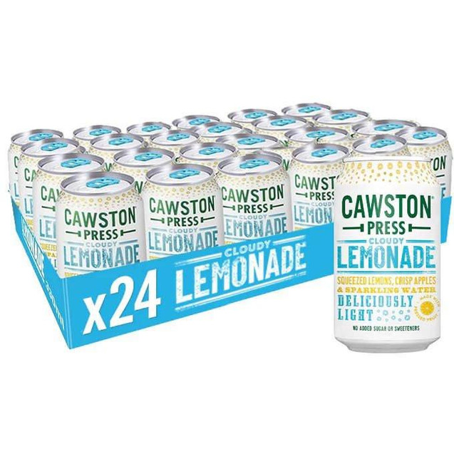 CW Office Cawston Press Cloudy Lemonade 24 x 330ml, image showing a pack of 24 cans of cloudy lemonade with vibrant packaging and branding.
