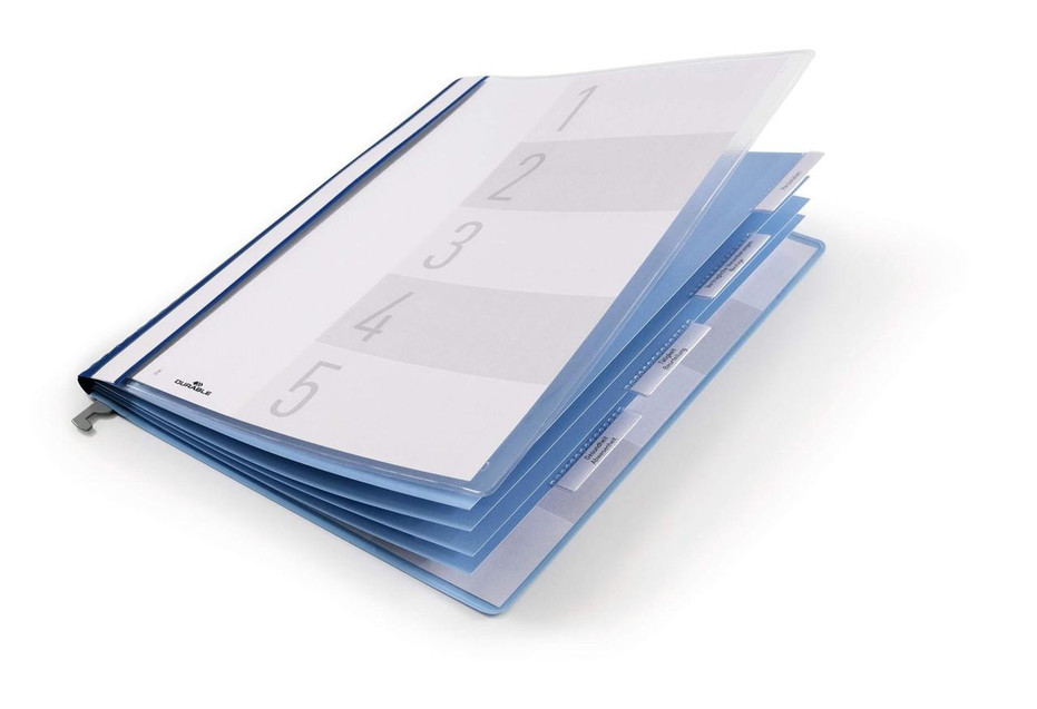CW Office Durable Suspension Rail Folder A4 Blue, a stack of blue suspension rail folders with numbered partition tabs for organized document storage.