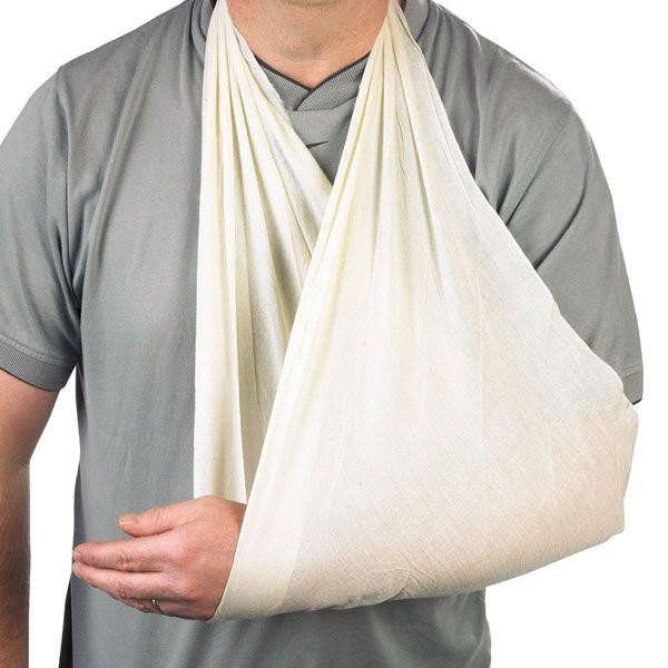 CW Office Click Medical 30gms Non-Woven Triangular Bandage Box 10, a person wearing a grey shirt with a large, white triangular bandage immobilizing their arm.