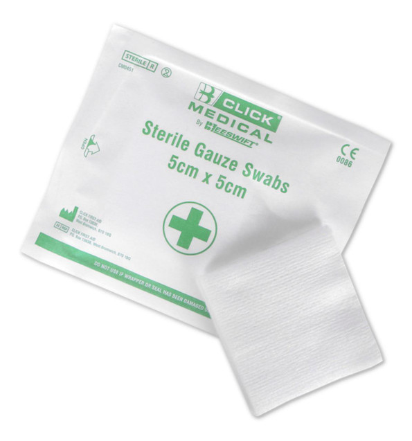 CW Office Click Medical Sterile Gauze Swabs 5X5 cm Pack Of 5, a sterile white gauze swab with packaging showing medical symbols and product details.