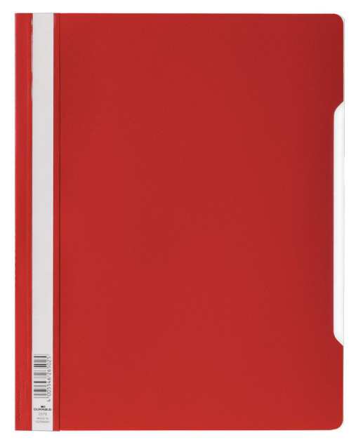 CW Office Durable Clear View A4 Folder Red, 50 pack, showcasing a red plastic folder with a transparent front cover for easy viewing of documents.