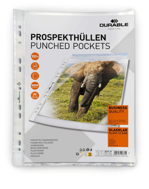 CW Office Durable Business Punched Pockets, transparent A4 plastic folders with 100 sheets, suitable for document organization and protection in offices.