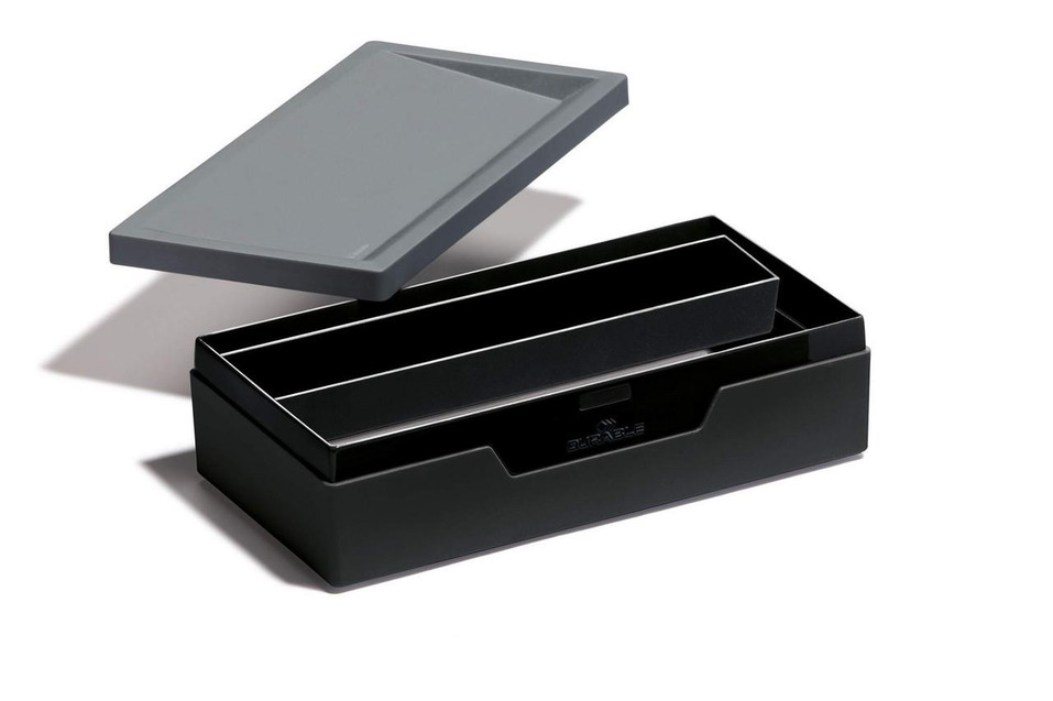 CW Office Durable VARICOLOR JOB CASE Charcoal, a durable black and charcoal colored organizational storage box for office supplies.