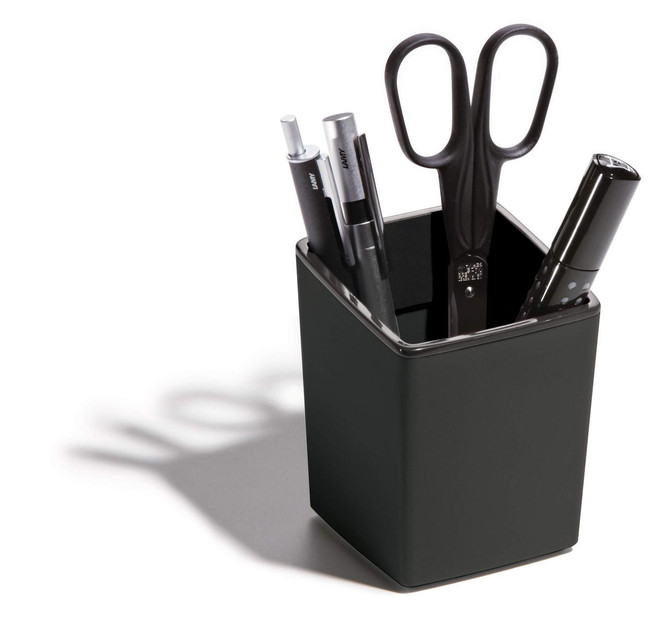 CW Office Durable VARICOLOR Pen Pot Charcoal, black pen holder with scissors, pens, and markers inside for office organization.