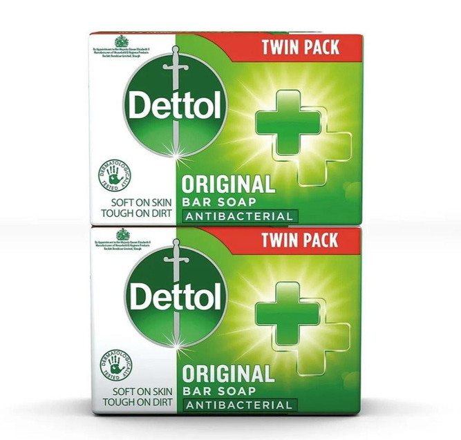 CW Office Dettol Soap Antibac Twin 100g, two packs of green and white soap boxes with antibacterial and skincare benefits.
