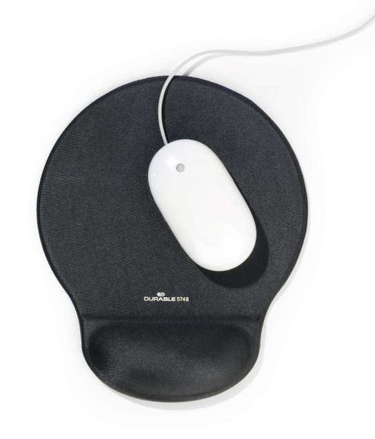 CW Office Durable ERGOTOP Gel Mouse Pad, black ergonomic mouse pad with gel wrist support and white computer mouse on top.