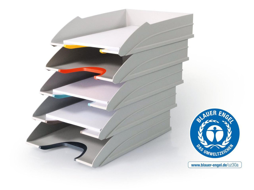 CW Office Durable VARICOLOR MIX Letter Tray Set (5), multi-colored plastic letter trays for organizing paperwork and documents.