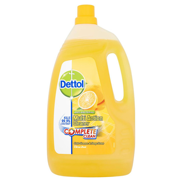 CW Office Dettol Multipurpose Cleaner Citrus 4 Litre, yellow plastic bottle with a handle and citrus fruit images on the label.