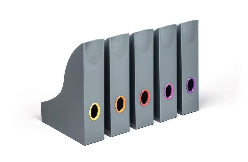CW Office Durable VARICOLOR Magazine Rack Assorted (5), multi-colored magazine rack with five sections in gray with colorful circular markers for organizing magazines.