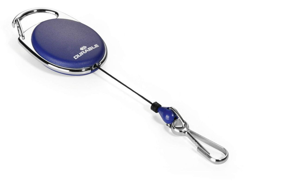 CW Office Durable STYLE Snap Hook Badge Reel Blue, a durable retractable badge reel with a blue oval case and a silver snap hook for holding ID badges.