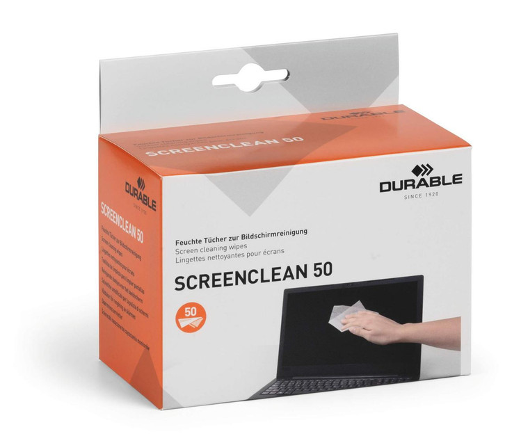 CW Office Durable SCREENCLEAN 50 Sachets, packaging box of screen cleaning wipes with an image of a hand cleaning a laptop screen.