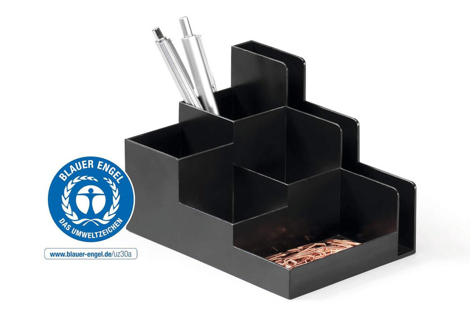 CW Office Durable OPTIMO Desk Organiser Charcoal, black multifunctional desk organizer with compartments for stationery and paper clips.