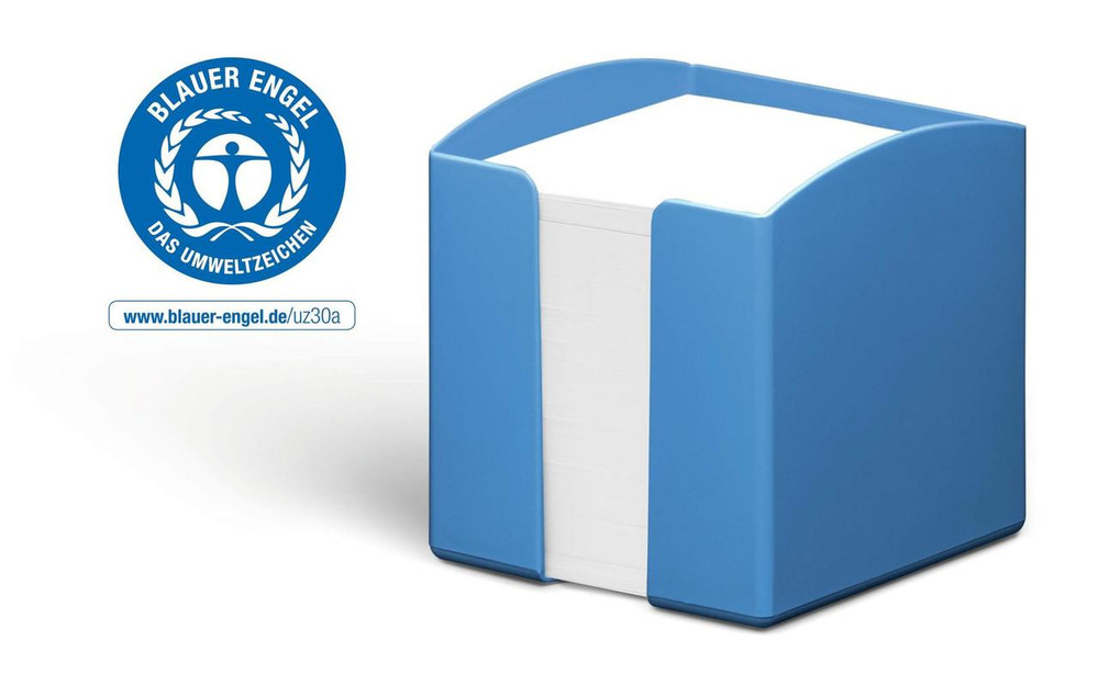 CW Office Durable Note Box ECO Blue, plastic blue note storage box with white notes inside.
