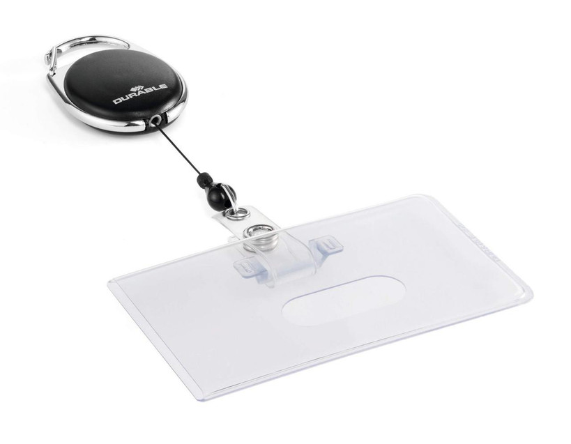 CW Office Durable STYLE Badge Reel ID Holder Black, a retractable badge reel with a black plastic ID holder and a clear, flexible plastic attachment for badge display.