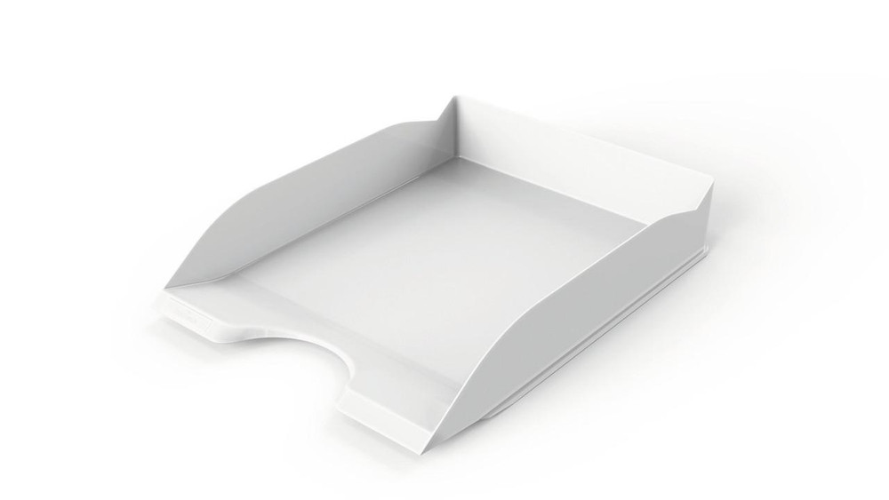 CW Office Durable NEW Letter Tray Basic White, a white plastic letter tray with a sleek design perfect for organizing documents on your desk.