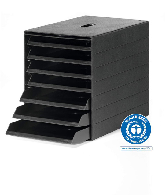 CW Office Durable IDEALBOX PLUS 7, black multi-tier document organizer with pull-out trays for office organization.