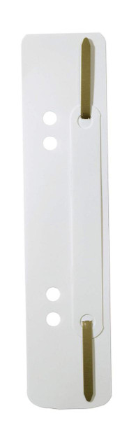 CW Office Durable FLEXI Filing Strips White 250, close-up image of a white plastic filing strip with gold metal clips for organizing documents.