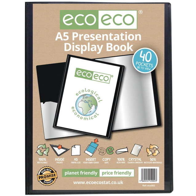 CW Office A5 50% Recycled 40 Pocket Presentation Display Book, showing a black cover with 40 transparent pockets for organizing A5 documents, environmentally friendly packaging with eco-friendly icons.