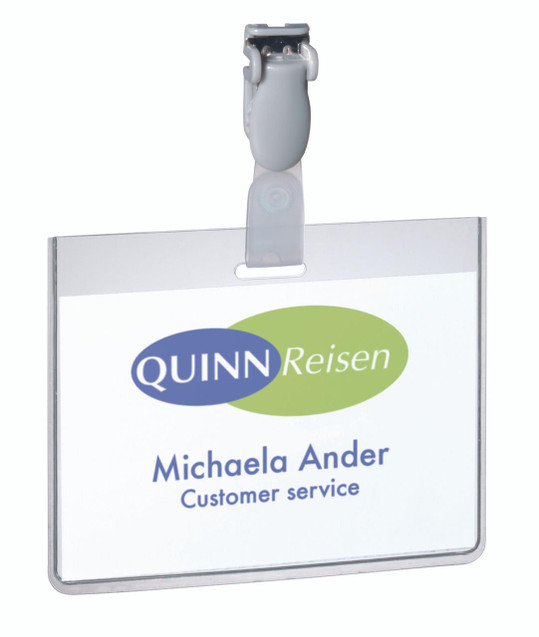CW Office Durable Security Clip Badge 60x90mm, transparent plastic badge holder with clip for ID cards.