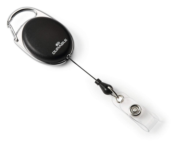CW Office Durable STYLE Snap Button Badge Reel, black retractable badge holder with metal clip and clear badge holder for ID cards.