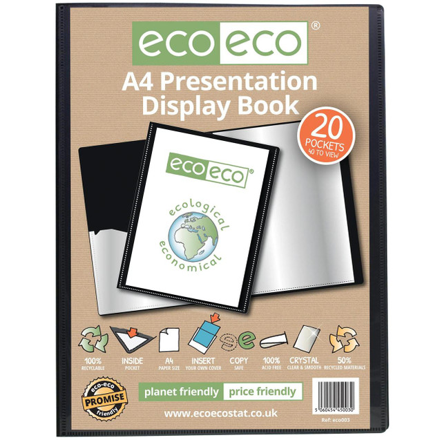 CW Office A4 50% Recycled 20 Pocket Presentation Display Book, product packaging showing the eco-friendly design with 20 pockets for displaying documents and information.