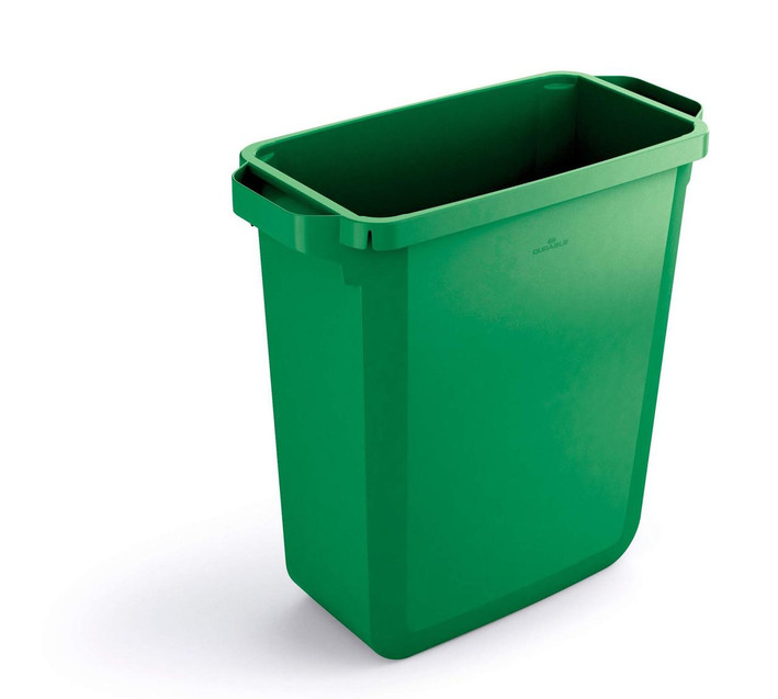 CW Office Durable DURABIN 60L Bin Green, a sturdy green trash bin designed for office waste collection.