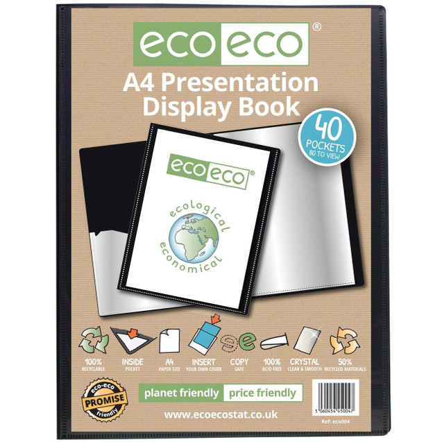 CW Office A4 50% Recycled 40 Pocket Presentation Display Book, displaying a brown cover with various icons and eco-friendly labels.