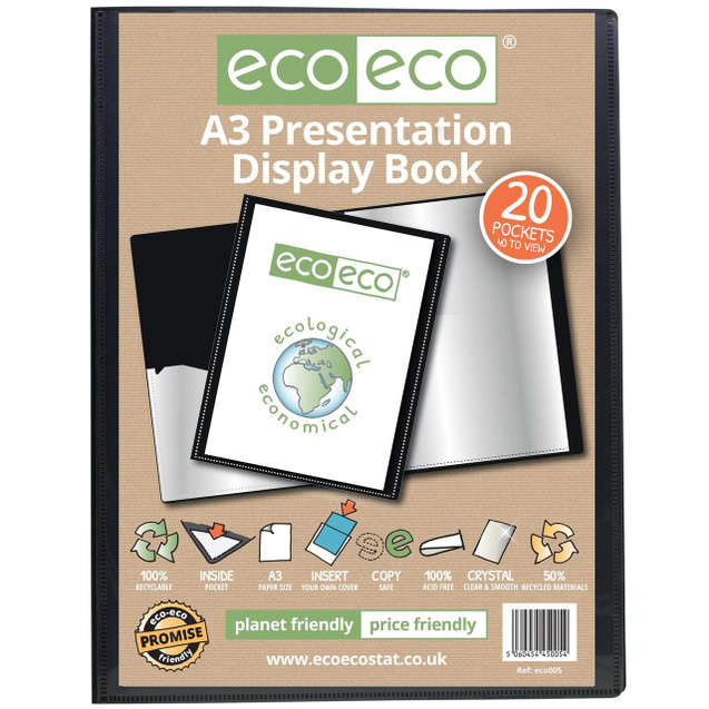 CW Office A3 50% Recycled 20 Pocket Presentation Display Book, eco-friendly display book with recycled materials and a clear cover showing interior pockets for documents.