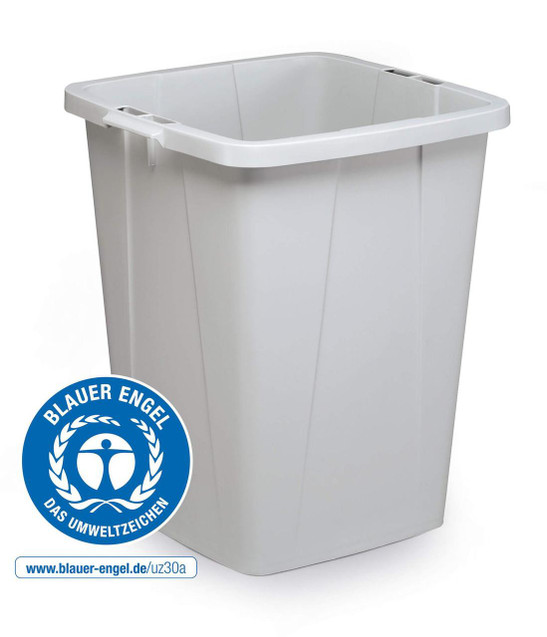 CW Office Durable DURABIN ECO 90L Bin Grey, a large rectangular grey plastic trash bin with a smooth surface and rounded edges.