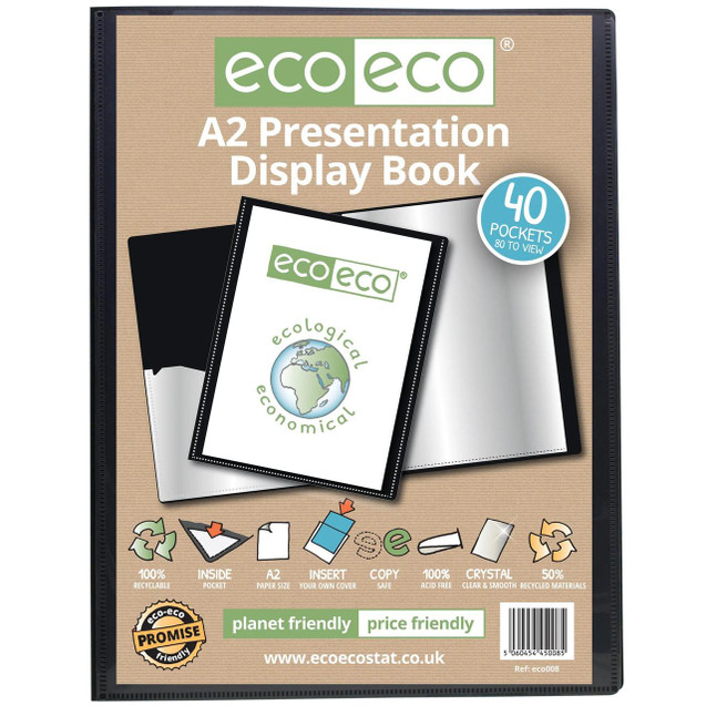 CW Office A2 50% Recycled 40 Pocket Presentation Display Book, eco-friendly beige presentation folder with black border, containing multiple clear pockets for organizing documents, featuring an ecological and economical design, suitable for professional and educational use.