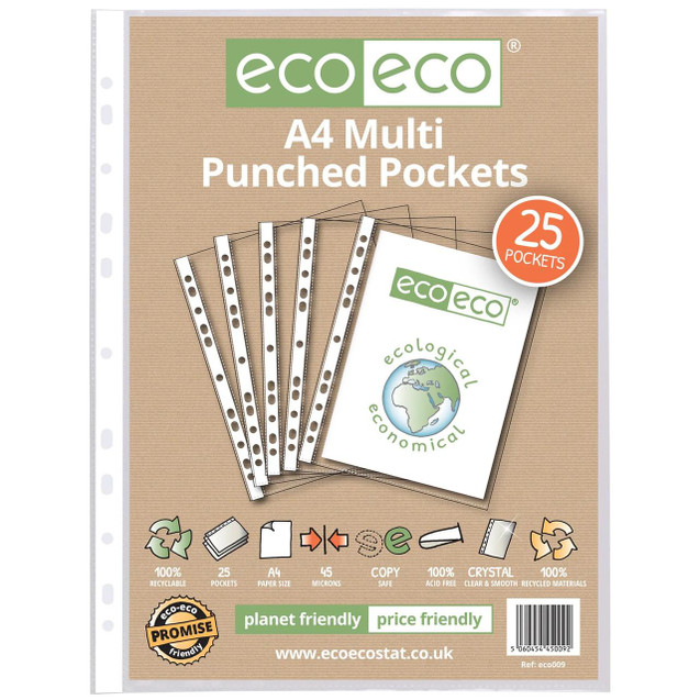 CW Office A4 100% Recycled Bag 25 Multi Punched Pockets, a product package with 25 eco-friendly punched pockets for organizing documents, made from recycled materials.