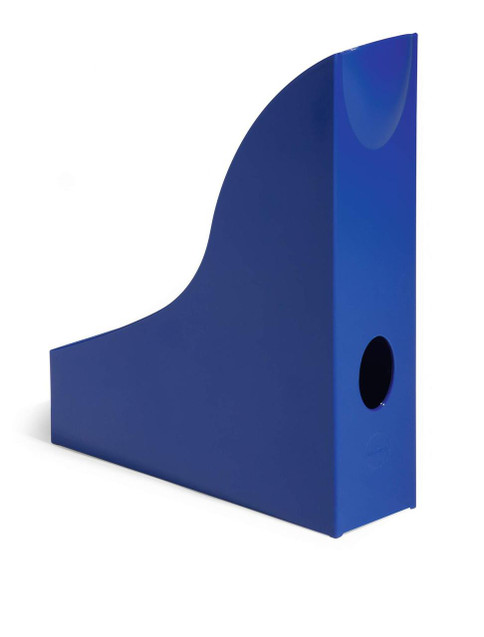 CW Office Durable Magazine Rack BASIC Blue, a sturdy blue plastic magazine holder with a curved design for organizing magazines and documents in an office setting.