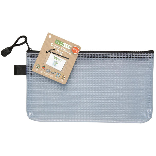 CW Office Small 95% Recycled Super Strong Bag, lightweight and durable transparent bag with a black zipper and a hanging loop for easy carrying.