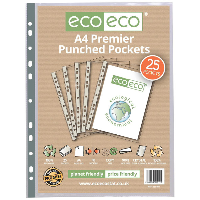 Ecoeco A4 Premier Punched Pockets, image of a pack containing 25 recycled biodegradable multi-punched document pockets for organizing papers.