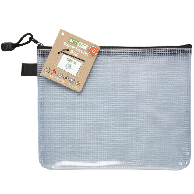CW Office A5 95% Recycled Super Strong Bag, clear and durable zippered bag with eco-friendly label and handle for office and travel use.