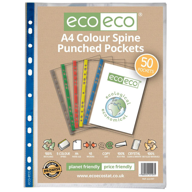 ECO ECO A4 Colour Spine Punched Pockets, image of a pack containing 50 recycled, multi-colored punched pockets with 5 colour spines, suitable for organizing A4 documents.