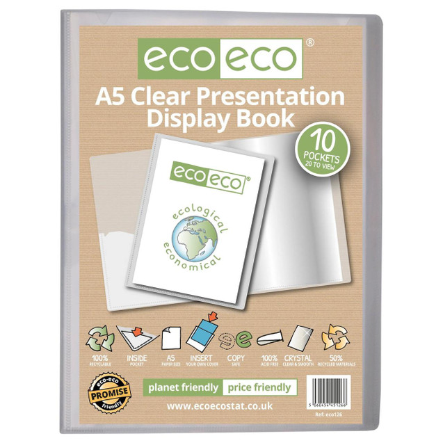 CW Office A5 50% Recycled Clear 10 Pocket Presentation Display Book, with a transparent cover showing ten plastic pockets inside for organizing documents.