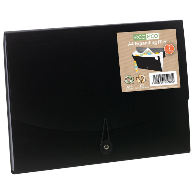 CW Office A4 50% Recycled 7 Pocket Expanding File, black expandable file with seven pockets and closure strap.